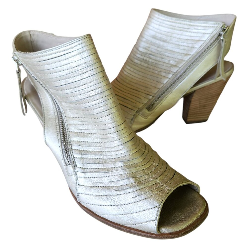 Paul Green Cayanne Peep Toe Block Heel Booties Metallic Leather Women's Sz. 8.5